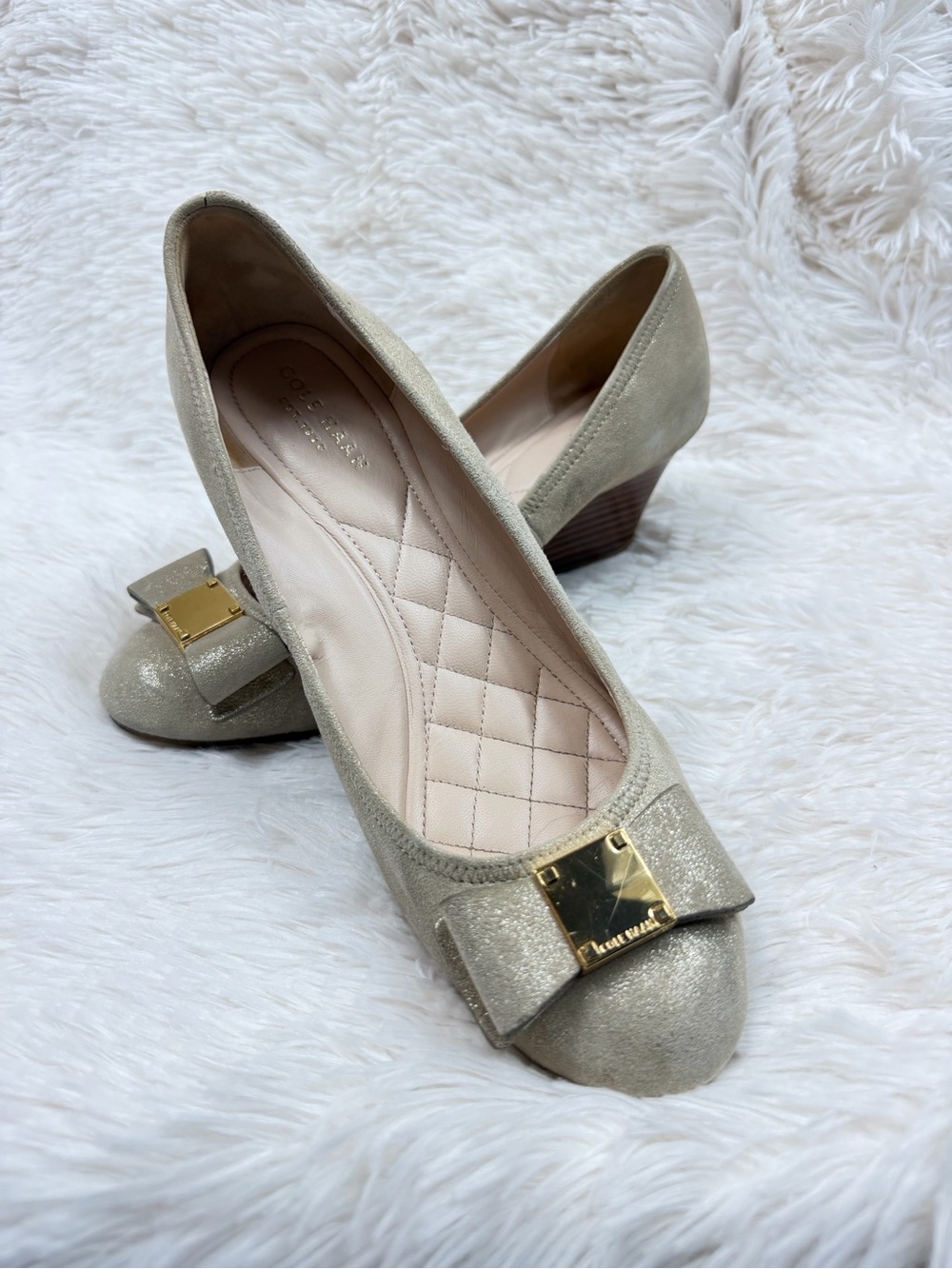 Cole Haan Champagne Gold Bow Wedge Pumps